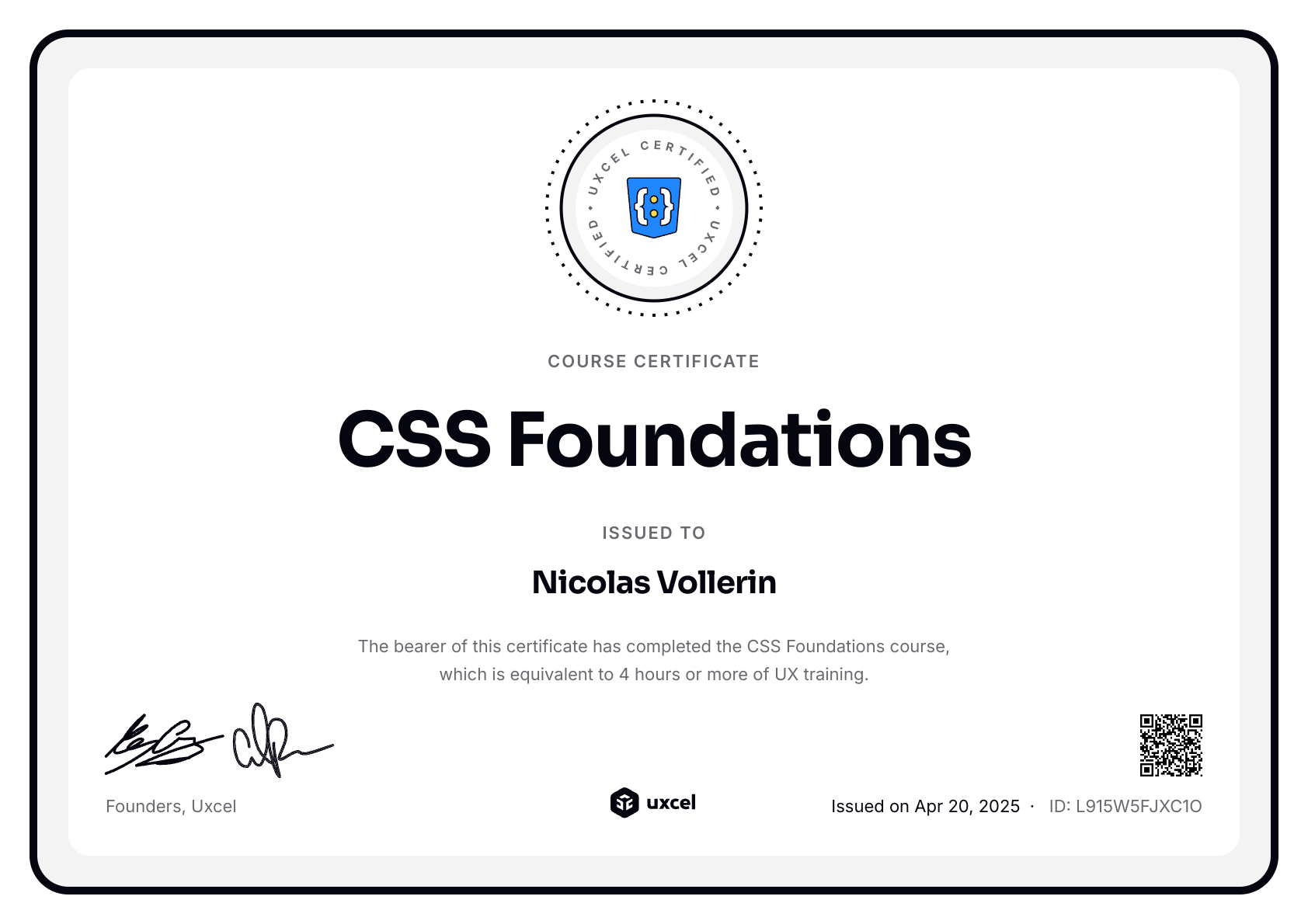 Nicolas Vollerin's certificate